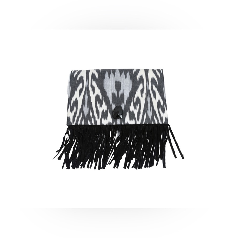 Grace Black White & Gray Ikat Print Crystal Clasp, Suede Fringe Clutch Bag